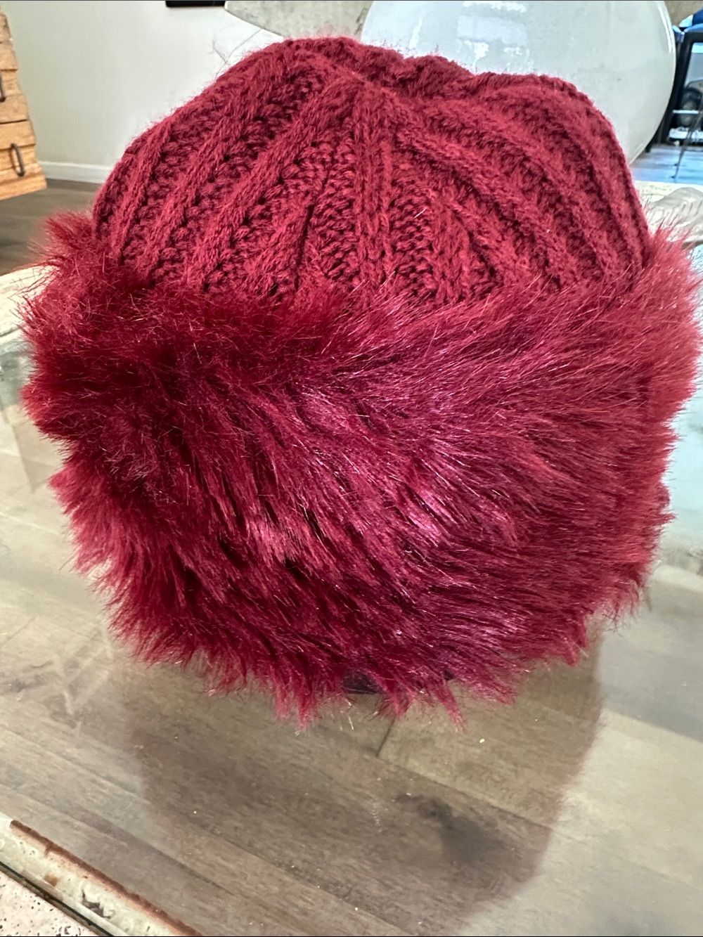 Women's Knit Beanie with Faux Fur Trim - Burgundy